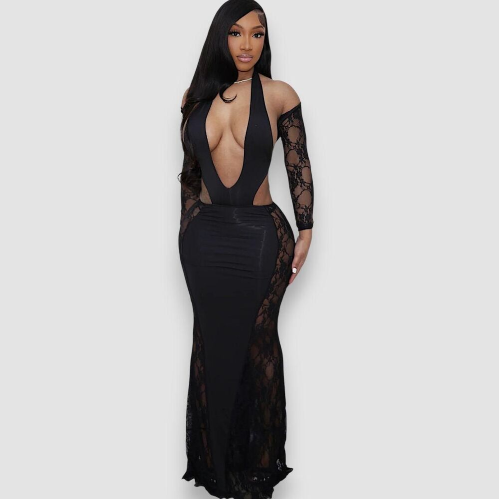 Sexy Sultry Black Lace Sheer Cutout Bodycon Evening Going Out Dress S